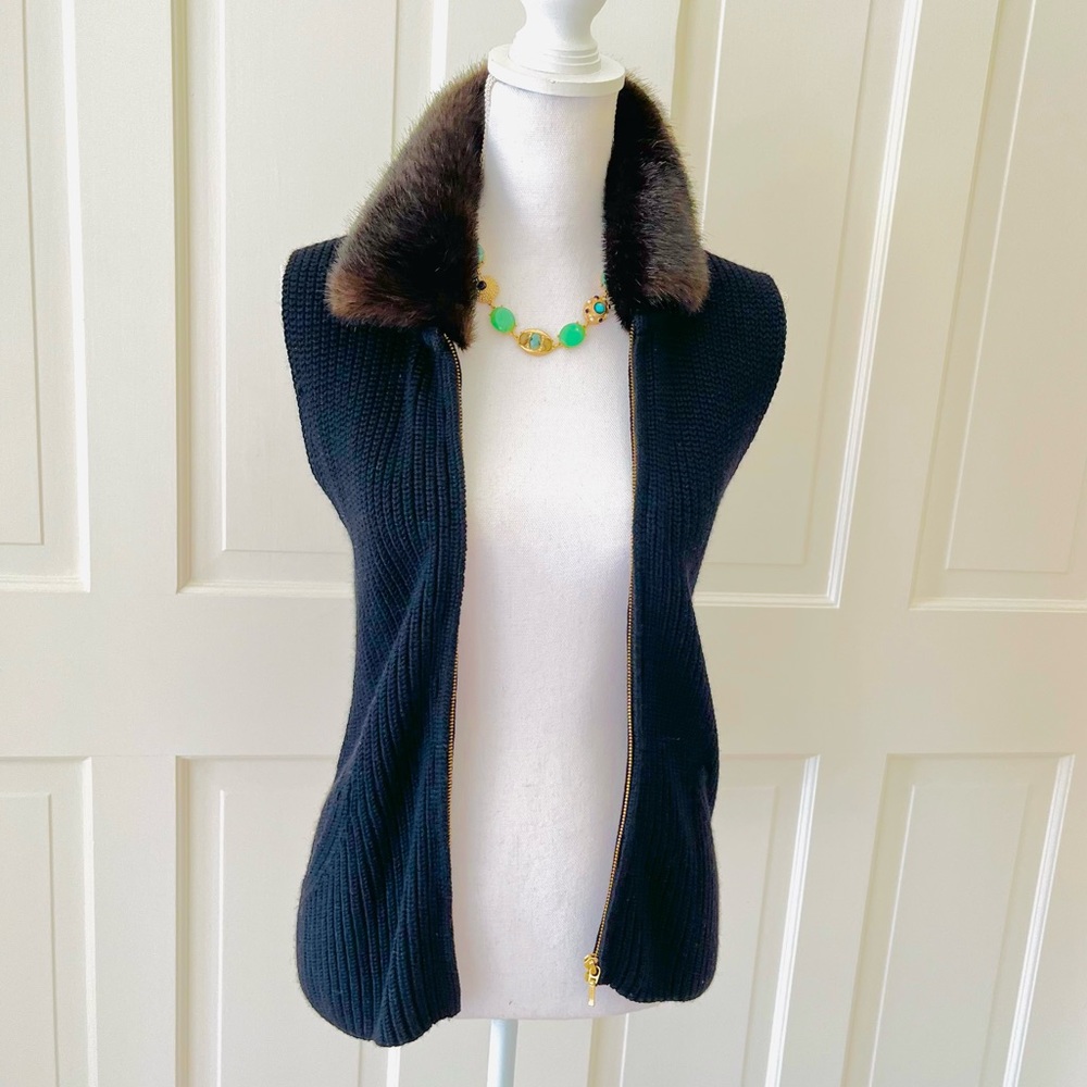 Belford black wool knit vest with faux mink collar S